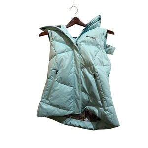 Columbia Puffer Vest Hooded Faux Fur Trim‎ Light Blue Womens Size S like new